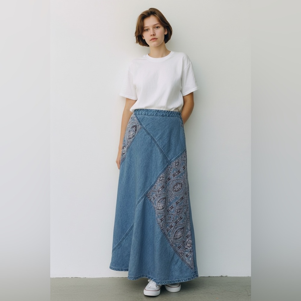 Pendleton Vintage Denim Bandana Print Patchwork Maxi Skirt Size 10 90’s Festival